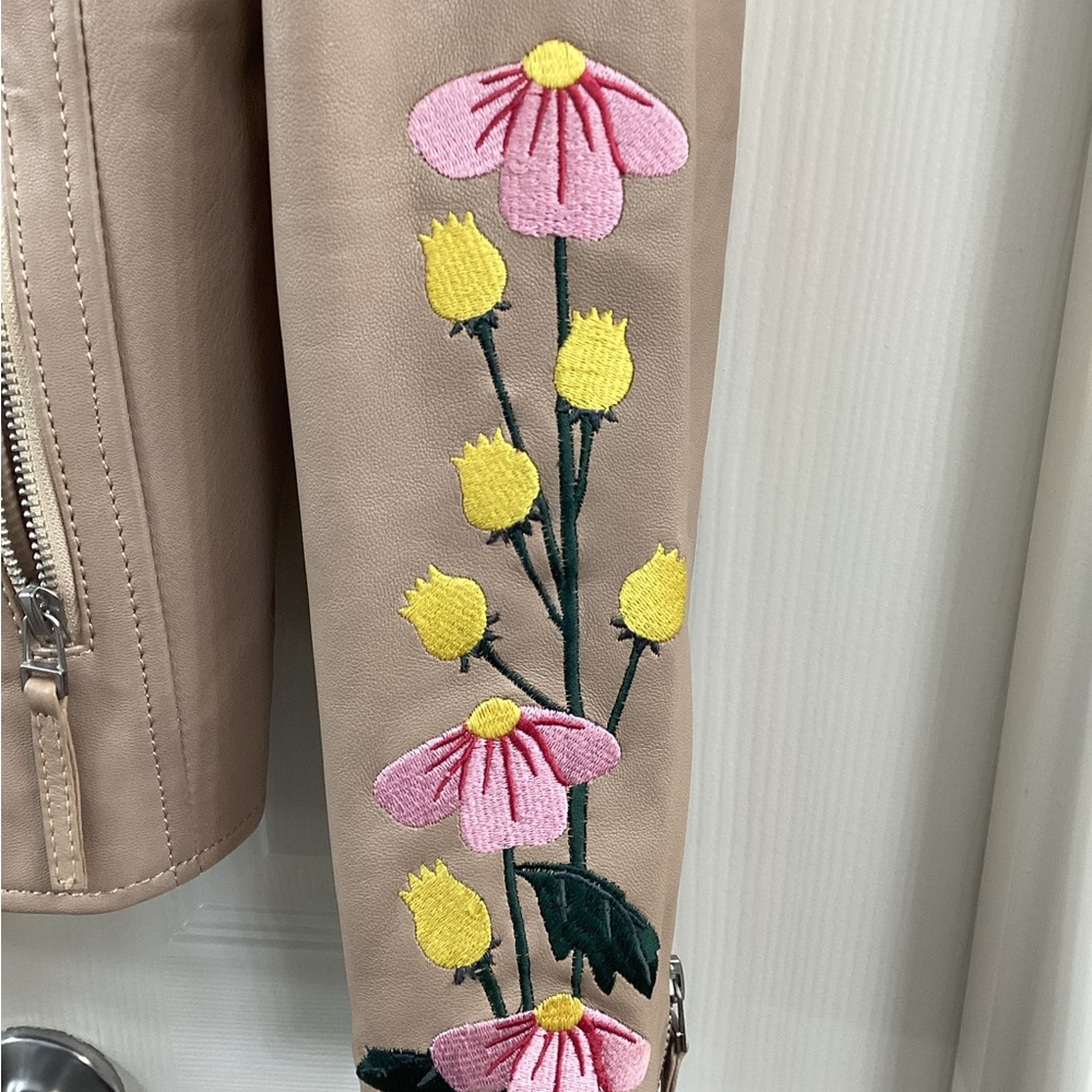 Embroidered Floral Leather Jacket in Tan - Picture 3 of 9